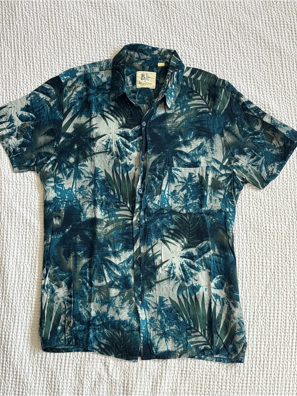 Short Sleeve Tropical Print Button-Down Shirt - Teal Green